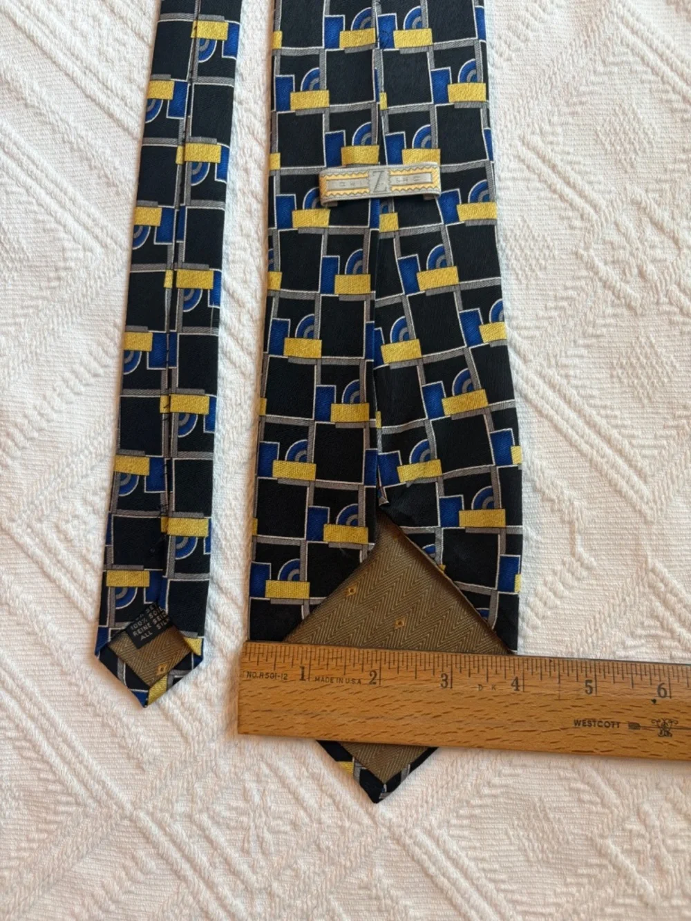 Vintage Z Inc Geometric Art Deco Silk Tie – Blue & Yellow Abstract Grid